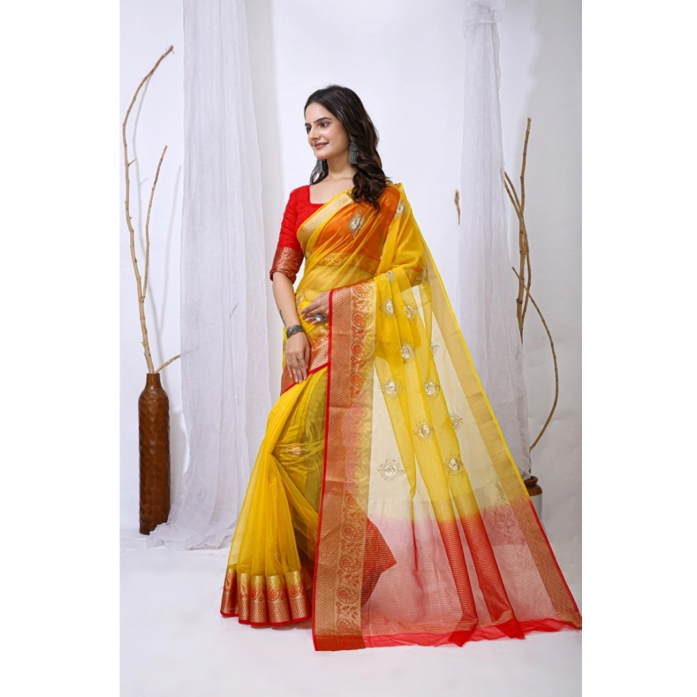 Women's Organza jacquard Embellished Saree With Unstitched Blouse 5.5Mtr (Yellow) Women's Organza jacquard Embellished Saree With Unstitched Blouse 5.5Mtr (Yellow)