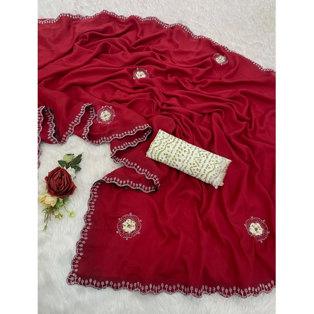 Women's Chiffon Butti Dotted Saree With Unstitched Blouse 5.5Mtr (Red)