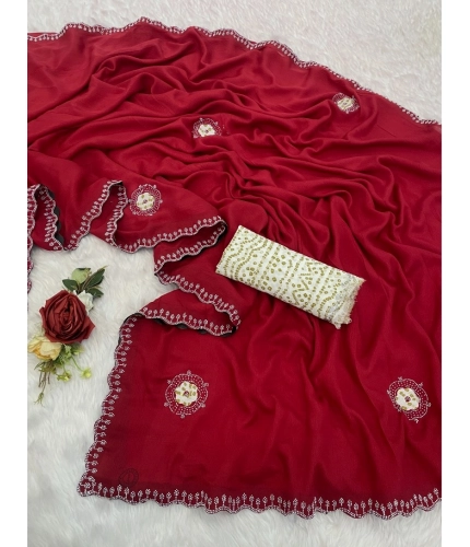 Women's Chiffon Butti Dotted Saree With Unstitched Blouse 5.5Mtr (Red) Women's Chiffon Butti Dotted Saree With Unstitched Blouse 5.5Mtr (Red)