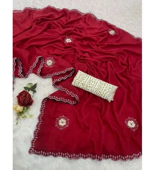 Women's Chiffon Butti Dotted Saree With Unstitched Blouse 5.5Mtr (Red)