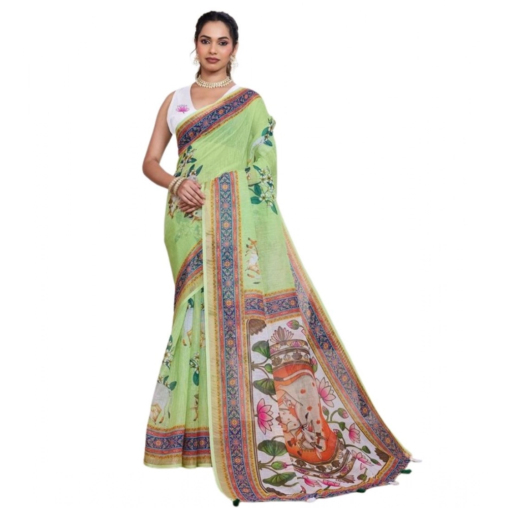 Women's Linen Floral Printed Saree With Unstitched Blouse 5.5Mtr (Light Green) Women's Linen Floral Printed Saree With Unstitched Blouse 5.5Mtr (Light Green)