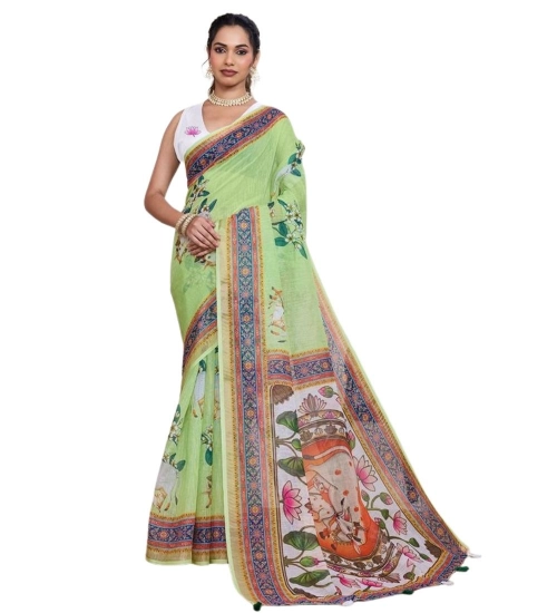 Women's Linen Floral Printed Saree With Unstitched Blouse 5.5Mtr (Light Green)
