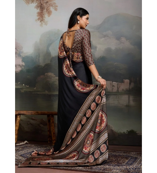 Women's Satin Crepe Printed Saree With Unstitched Blouse 5.5Mtr (Black)