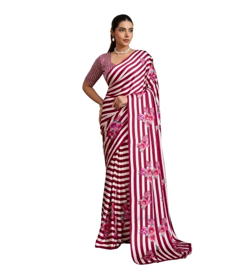 Women's Satin Crepe Printed Saree With Unstitched Blouse 5.5Mtr (Maroon)