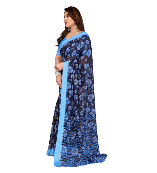 Women's Georgette Printed Saree With Unstitched Blouse 5.5Mtr (Blue)