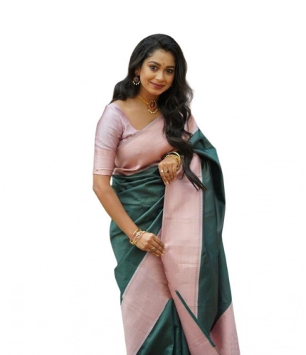 Women's Soft Lichi Silk Printed Saree With Unstitched Blouse 5.5Mtr (Green)