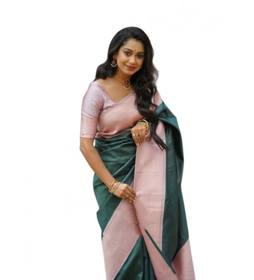 Women's Soft Lichi Silk Printed Saree With Unstitched Blouse 5.5Mtr (Green)