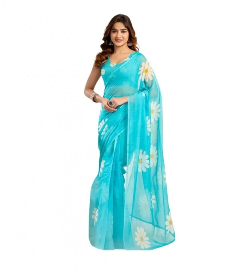 Women's Linen Cotton Printed Ready To Wear Saree With Unstitched Blouse 5.5 Mtr (Aqua_Blue)