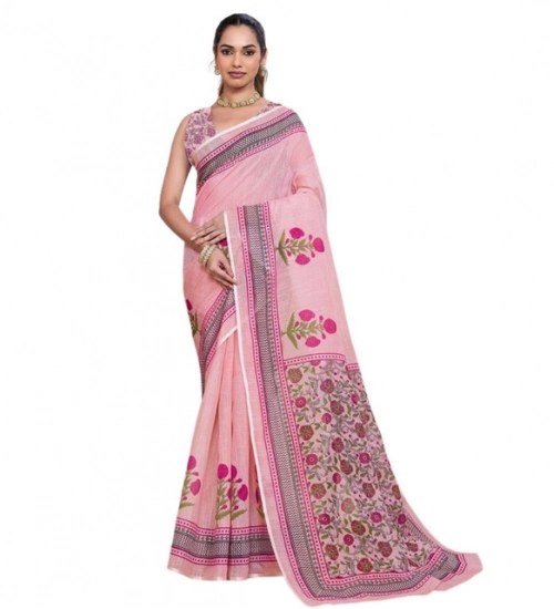 Women's Linen Floral Printed Saree With Unstitched Blouse 5.5Mtr (Pink) Women's Linen Floral Printed Saree With Unstitched Blouse 5.5Mtr (Pink)