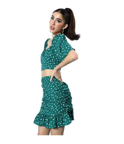 Women's Polyester Floral Short Sleeve Co-Ord Set (Green)