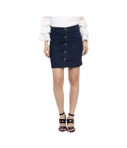 Women's Denim Front Button Buttoned Skirt (Blue)