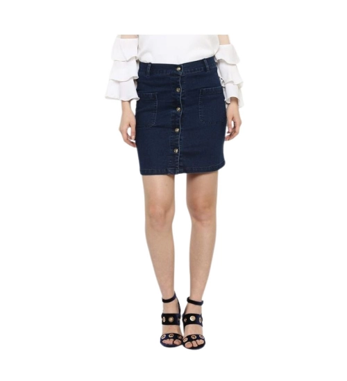 Women's Denim Front Button Buttoned Skirt (Blue)