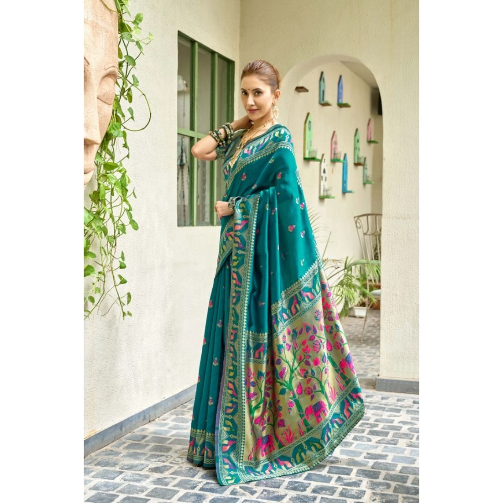 Women's Silk Blend Woven Saree With Unstitched Blouse 5.5 Mtr (Teal)