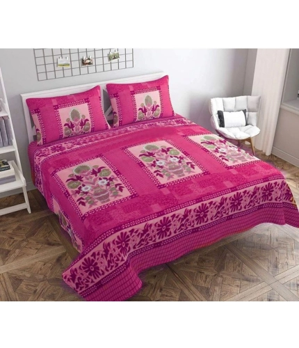 Fleece Floral Printed Double Polar Warm Bedsheet with 2 Pillow Cover (Pink)