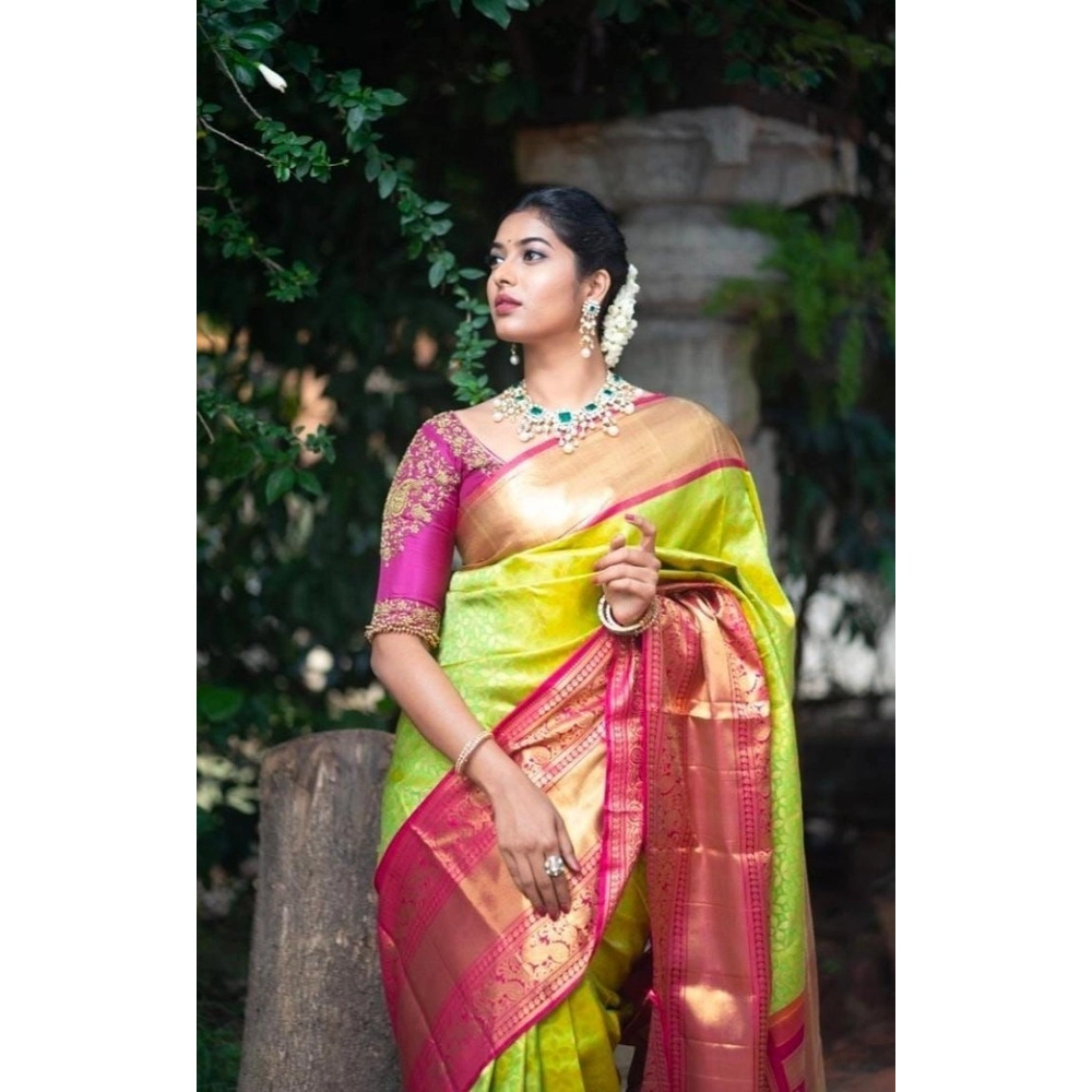 Women's Litchi silk Printed Saree With Unstitched Blouse (Green)