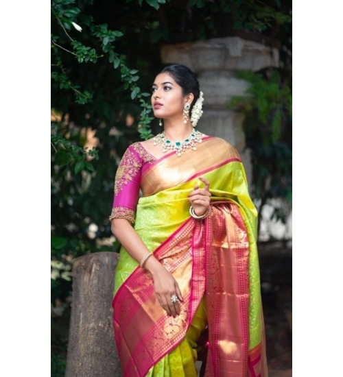 Women's Litchi silk Printed Saree With Unstitched Blouse (Green)