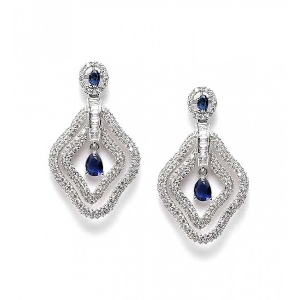 Women's Brass Silver Plated Drop Earrings (Blue)