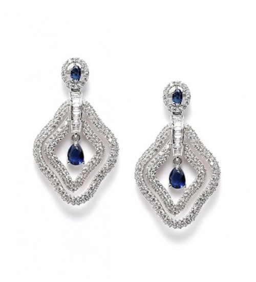 Women's Brass Silver Plated Drop Earrings (Blue)