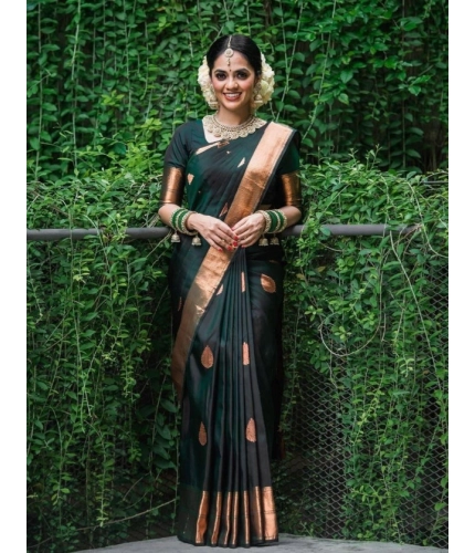 Women's Litchi silk Printed Saree With Unstitched Blouse (Green)