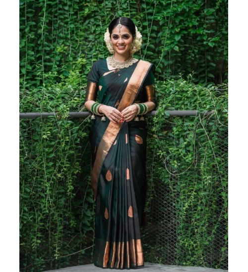 Women's Litchi silk Printed Saree With Unstitched Blouse (Green)