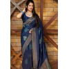 Women's Litchi silk Printed Saree With Unstitched Blouse (Blue)
