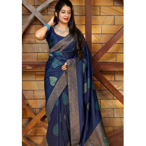 Generic Women's Litchi silk Printed Saree With Unstitched Blouse (Blue)
