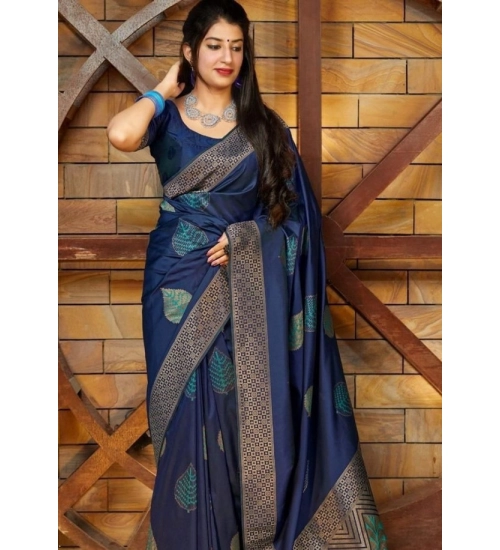 Women's Litchi silk Printed Saree With Unstitched Blouse (Blue)
