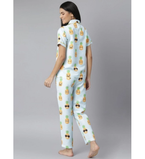 Women's Cotton Blend Printed Short Sleeve Night Suit (Blue-Yellow) Women's Cotton Blend Printed Short Sleeve Night Suit (Blue-Yellow)