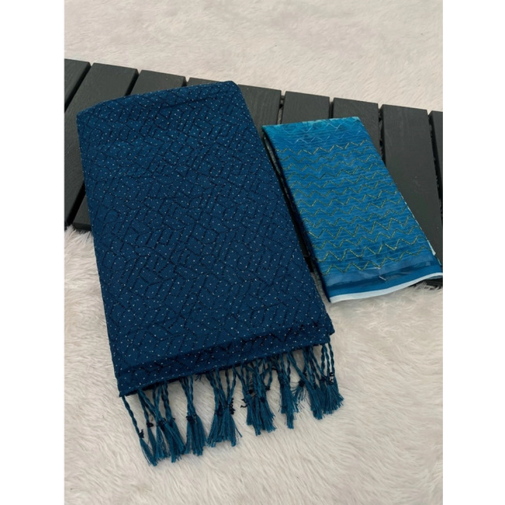 Women's Chiffon Zigzag lines Saree With Unstitched Blouse 5.5Mtr (Blue) Women's Chiffon Zigzag lines Saree With Unstitched Blouse 5.5Mtr (Blue)