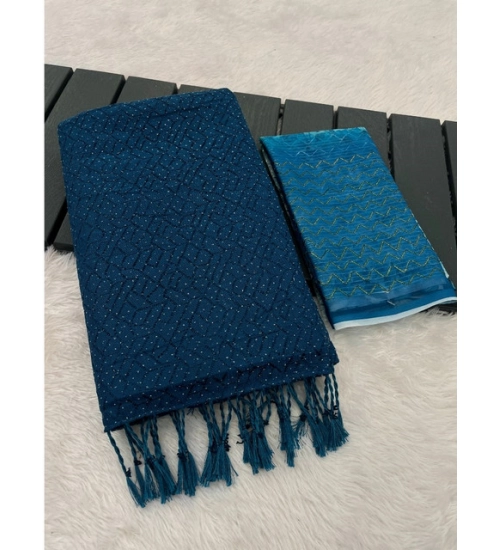 Women's Chiffon Zigzag lines Saree With Unstitched Blouse 5.5Mtr (Blue)