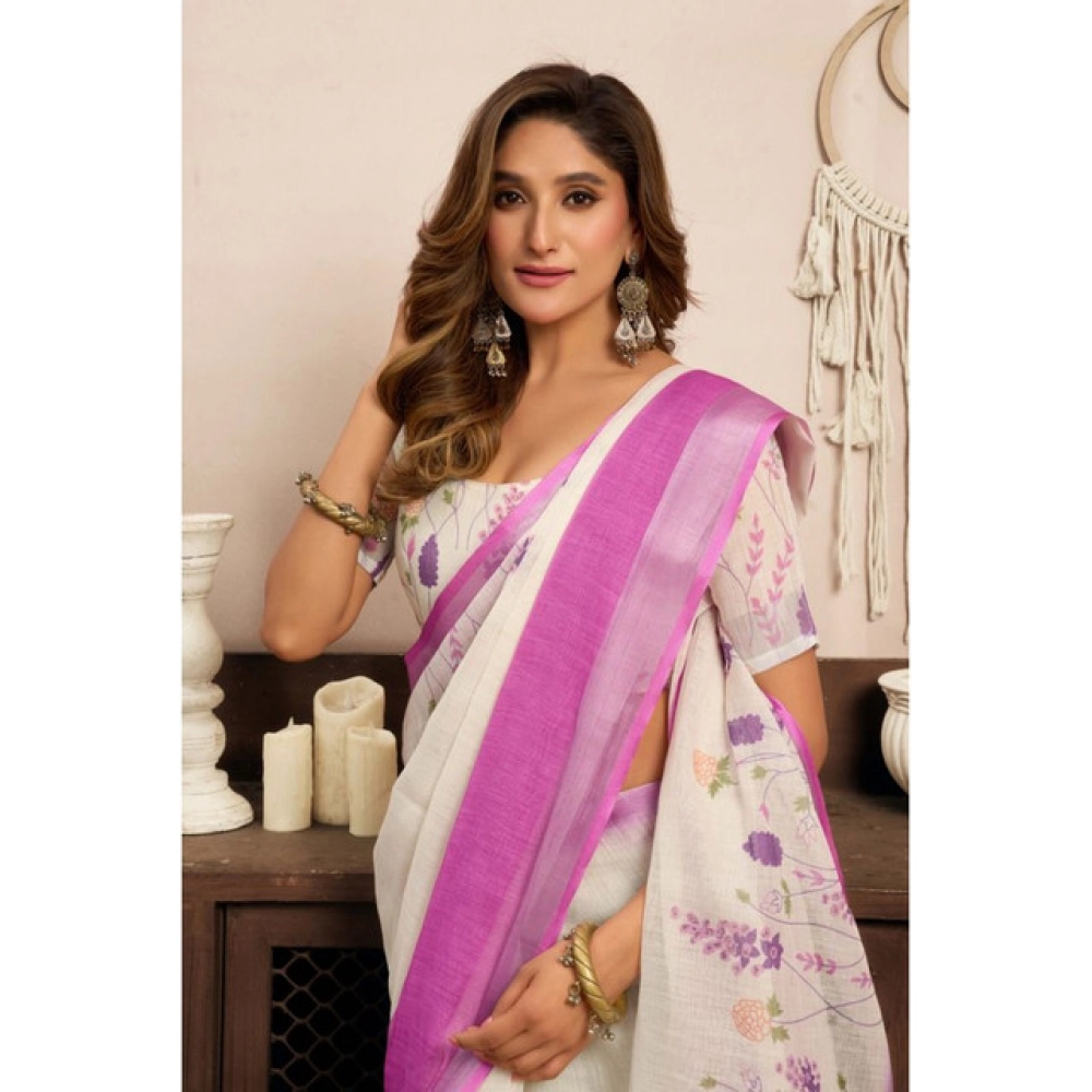 Women's Linen Cotton Printed Ready To Wear Saree With Unstitched Blouse 5.5 Mtr (Off_White)