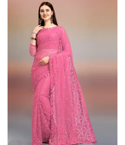 Women's Net Self Design Saree With Unstitched Blouse 5.5Mtr (Dark Pink)