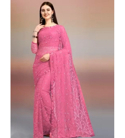 Women's Net Self Design Saree With Unstitched Blouse 5.5Mtr (Dark Pink)