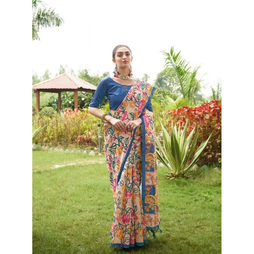 Women's Faux_Tussar Kalamkari_Print Saree With Unstitched Blouse 5.5Mtr (Blue) Women's Faux_Tussar Kalamkari_Print Saree With Unstitched Blouse 5.5Mtr (Blue)