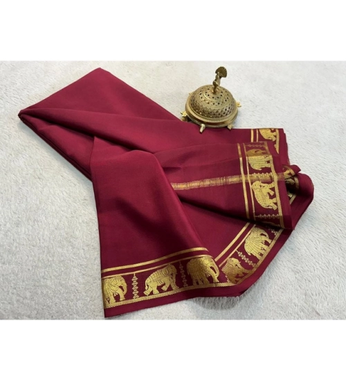Women's Crepe Chit Pallu Solid Saree With Unstitched Blouse 5.5Mtr (Maroon)