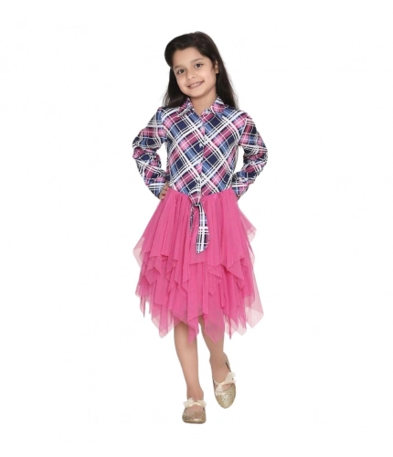 Girl's Polyster Crepe Lace Inserts Long Sleeves Dress (Pink-Blue)