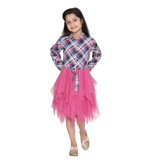 Girl's Polyster Crepe Lace Inserts Long Sleeves Dress (Pink-Blue)