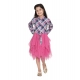 Girl's Polyster Crepe Lace Inserts Long Sleeves Dress (Pink-Blue)