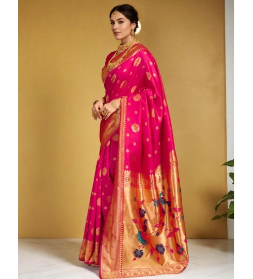 Women's Silk Blend Paithani Saree With Unstitched Blouse 5.5Mtr (Pink)