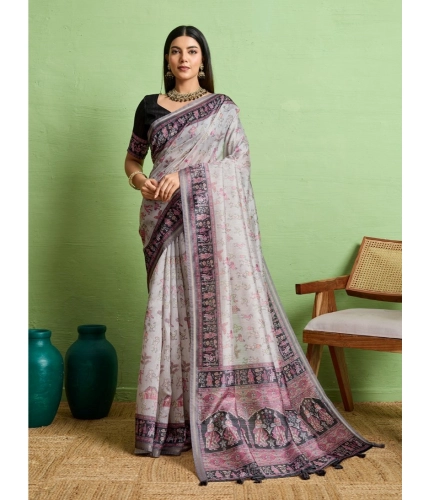 Women's Silk Blend Printed Saree With Unstitched Blouse 5.5Mtr (Grey)