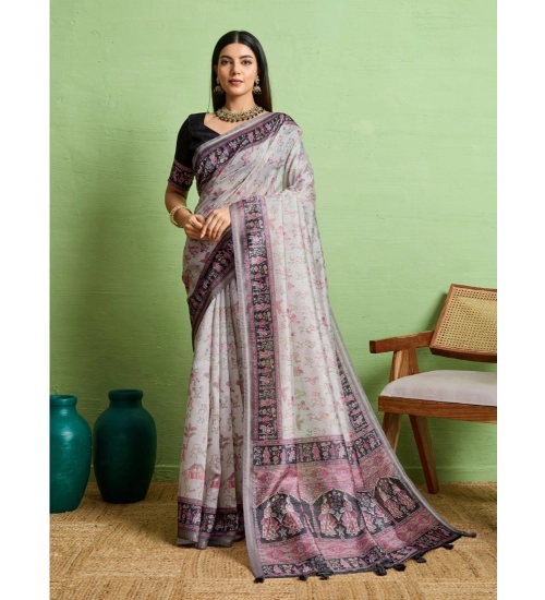 Women's Silk Blend Printed Saree With Unstitched Blouse 5.5Mtr (Grey)