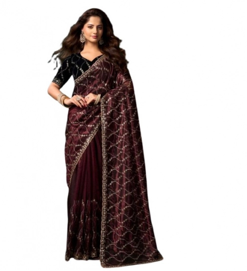 Women's Net Sequence Saree With Unstitched Blouse 5.5Mtr (Maroon) Women's Net Sequence Saree With Unstitched Blouse 5.5Mtr (Maroon)
