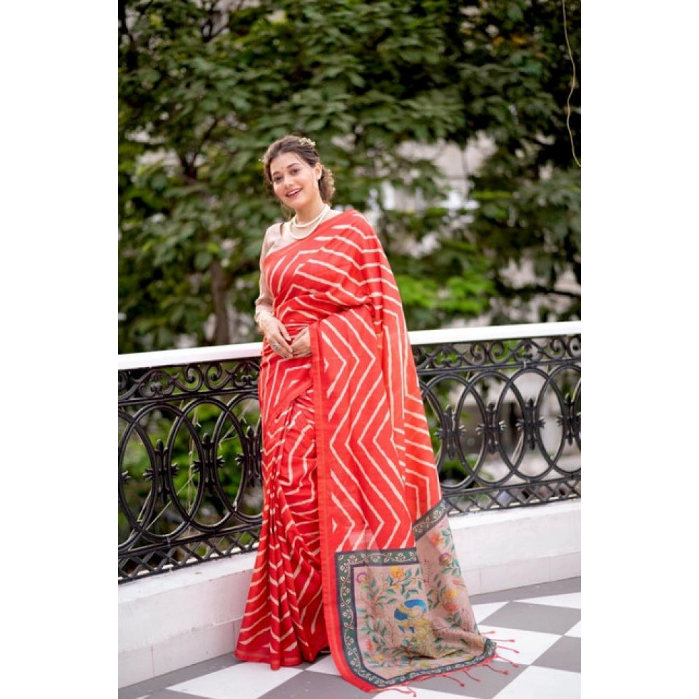 Women's Faux_Tussar_Silk Geometric_Print Saree With Unstitched Blouse 5.5Mtr (Red) Women's Faux_Tussar_Silk Geometric_Print Saree With Unstitched Blouse 5.5Mtr (Red)