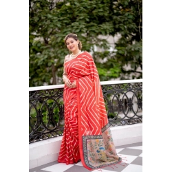 Women's Faux_Tussar_Silk Geometric_Print Saree With Unstitched Blouse 5.5Mtr (Red)