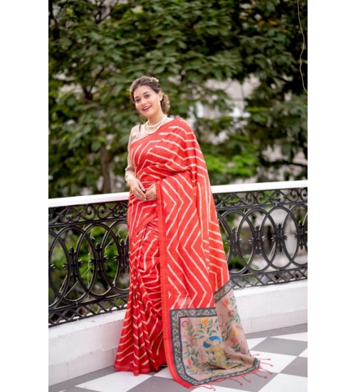 Women's Faux_Tussar_Silk Geometric_Print Saree With Unstitched Blouse 5.5Mtr (Red)