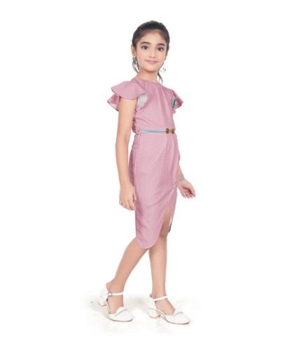 Girl's Knitted Striped Short Sleeve Close Neck Dress (Pink)