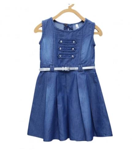 Girl's Denim Embellished Sleeveless Dress with Belt (Blue)