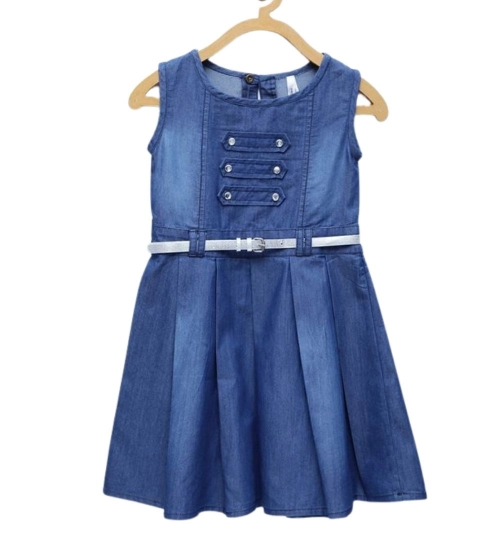 Girl's Denim Embellished Sleeveless Dress with Belt (Blue)