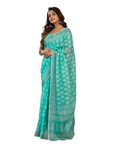 Women's Faux Linen Leaf Print Ready to wear Saree With Unstitched Blouse 5.5Mtr (SeaGreen) Women's Faux Linen Leaf Print Ready to wear Saree With Unstitched Blouse 5.5Mtr (SeaGreen)