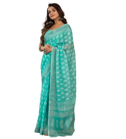 Women's Faux Linen Leaf Print Ready to wear Saree With Unstitched Blouse 5.5Mtr (SeaGreen) Women's Faux Linen Leaf Print Ready to wear Saree With Unstitched Blouse 5.5Mtr (SeaGreen)